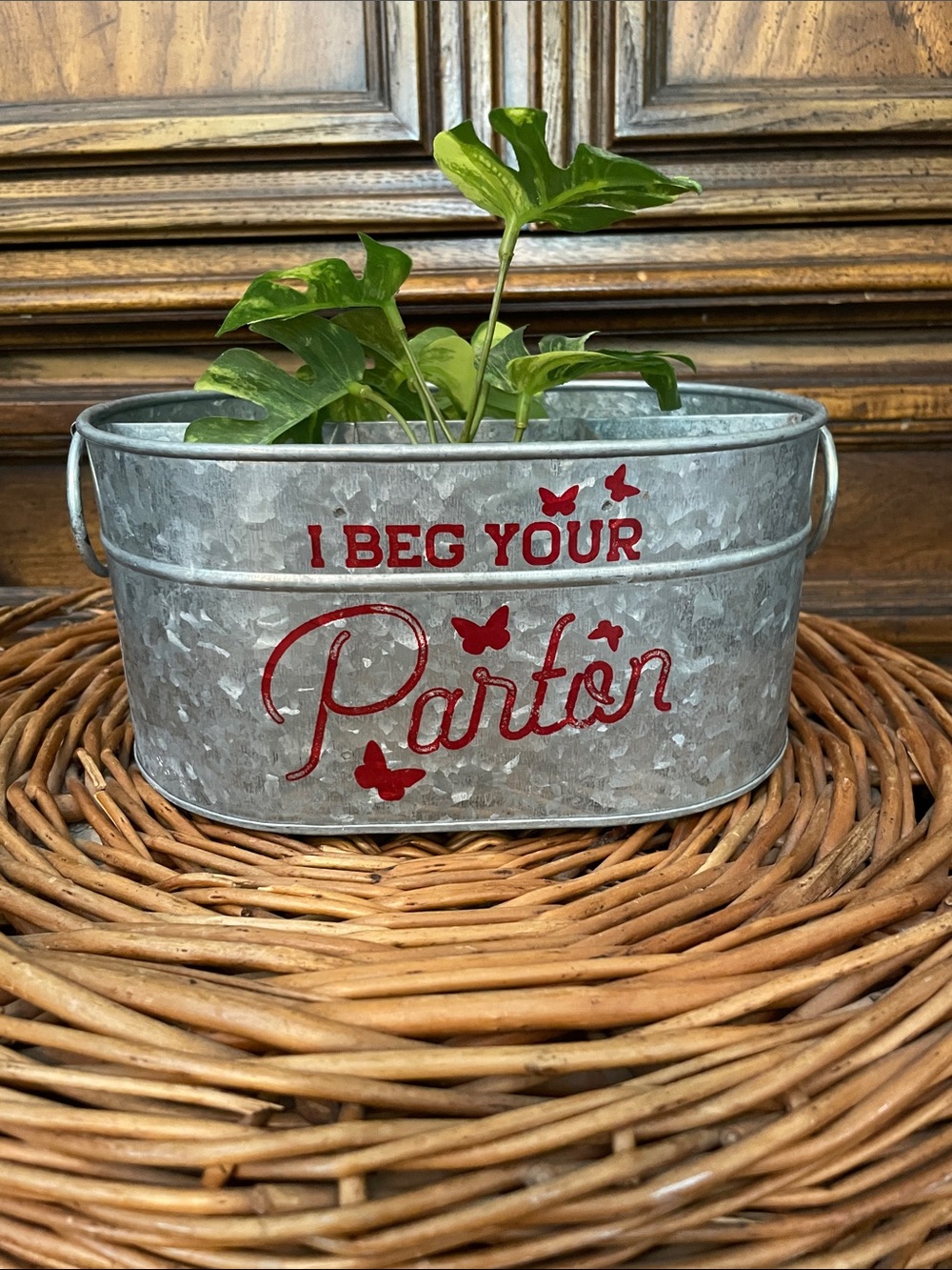 I Beg Your Pardon Galvanized Metal Planter - Silver with Red Lettering